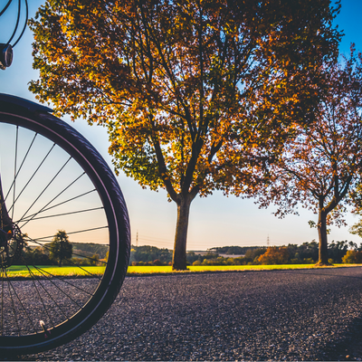 Vorderrad eines Fahrrades auf einer Straße